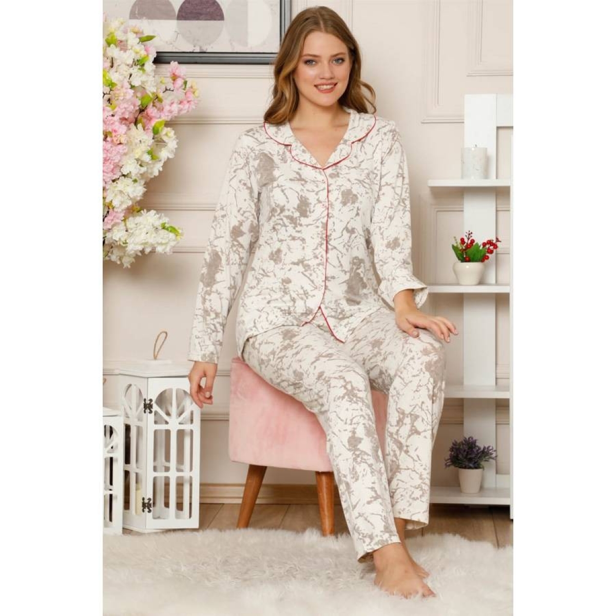 Flo Kadın Pamuklu Düğmeli Cepli Uzun Kol Pijama Takım 2488. 1