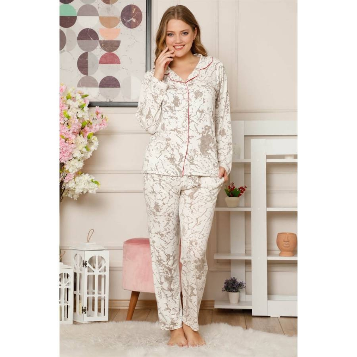 Flo Kadın Pamuklu Düğmeli Cepli Uzun Kol Pijama Takım 2488. 3
