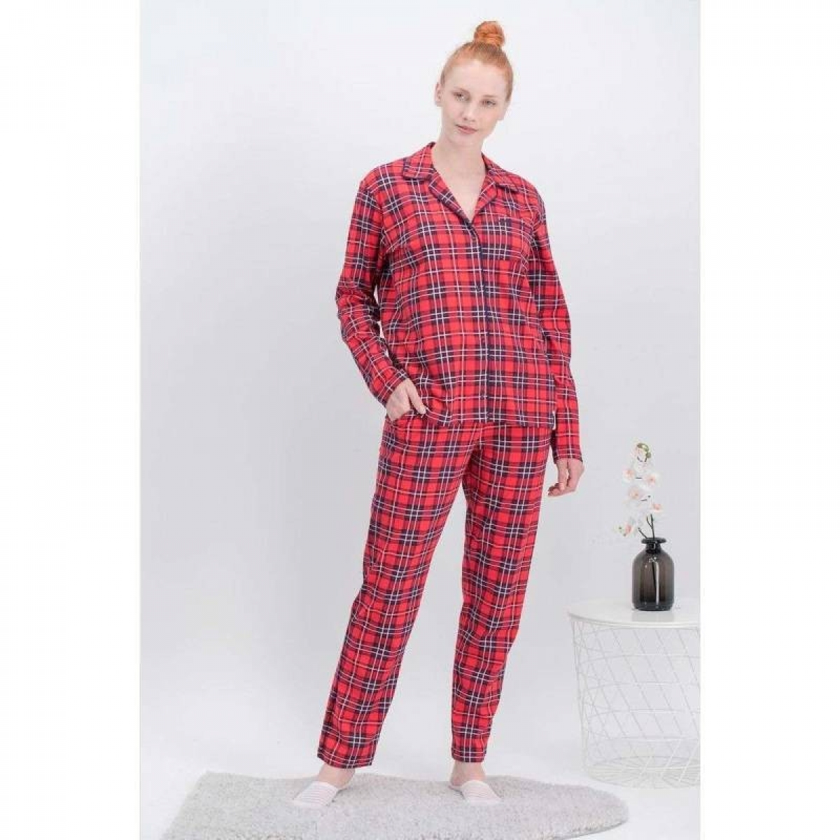 Flo La La Ekose Kırmızı Kadın Gömlek Pijama. 1