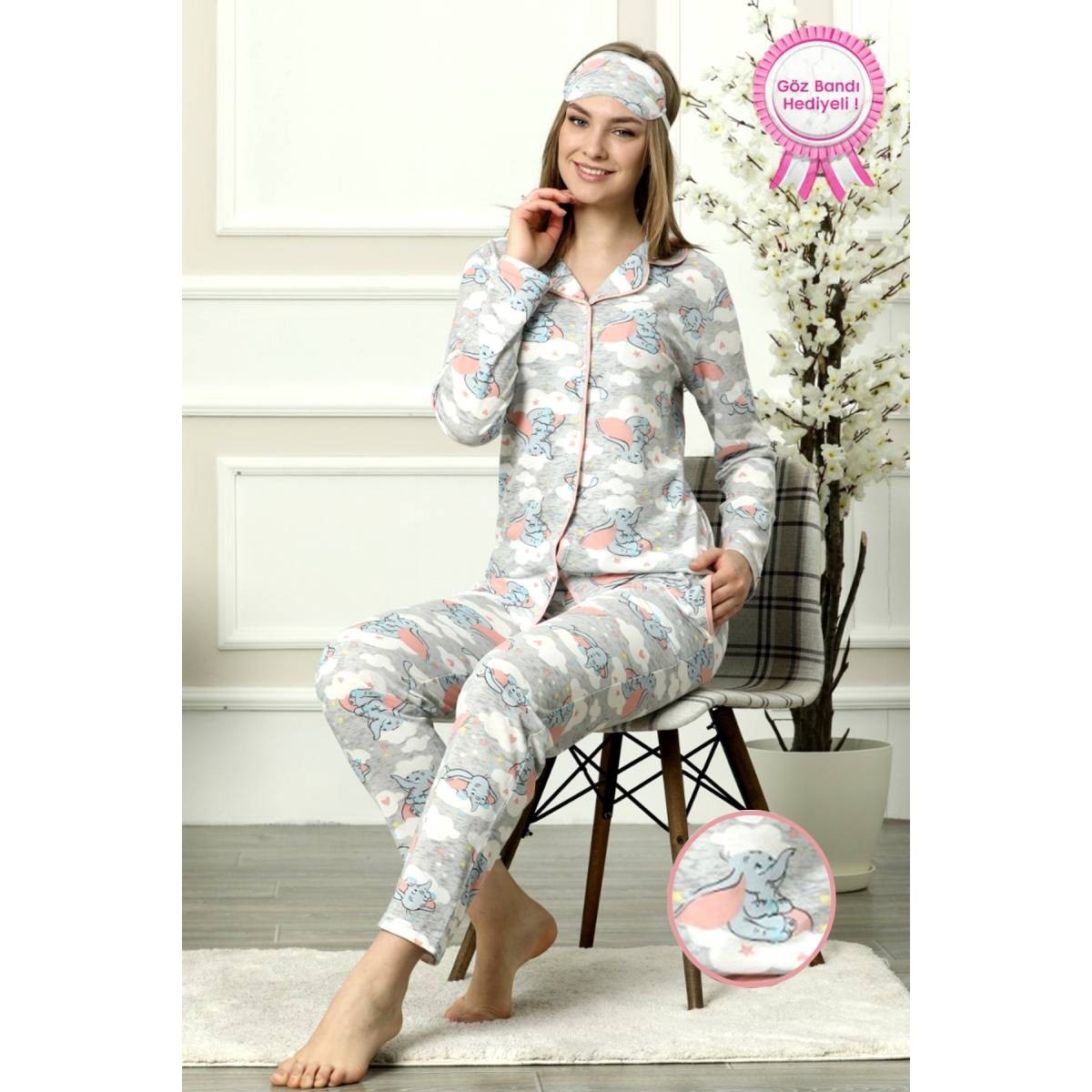 Flo Bayan Retro Desenli Gömlek Yaka Düğmeli Pijama Takımı Pamuklu. 1