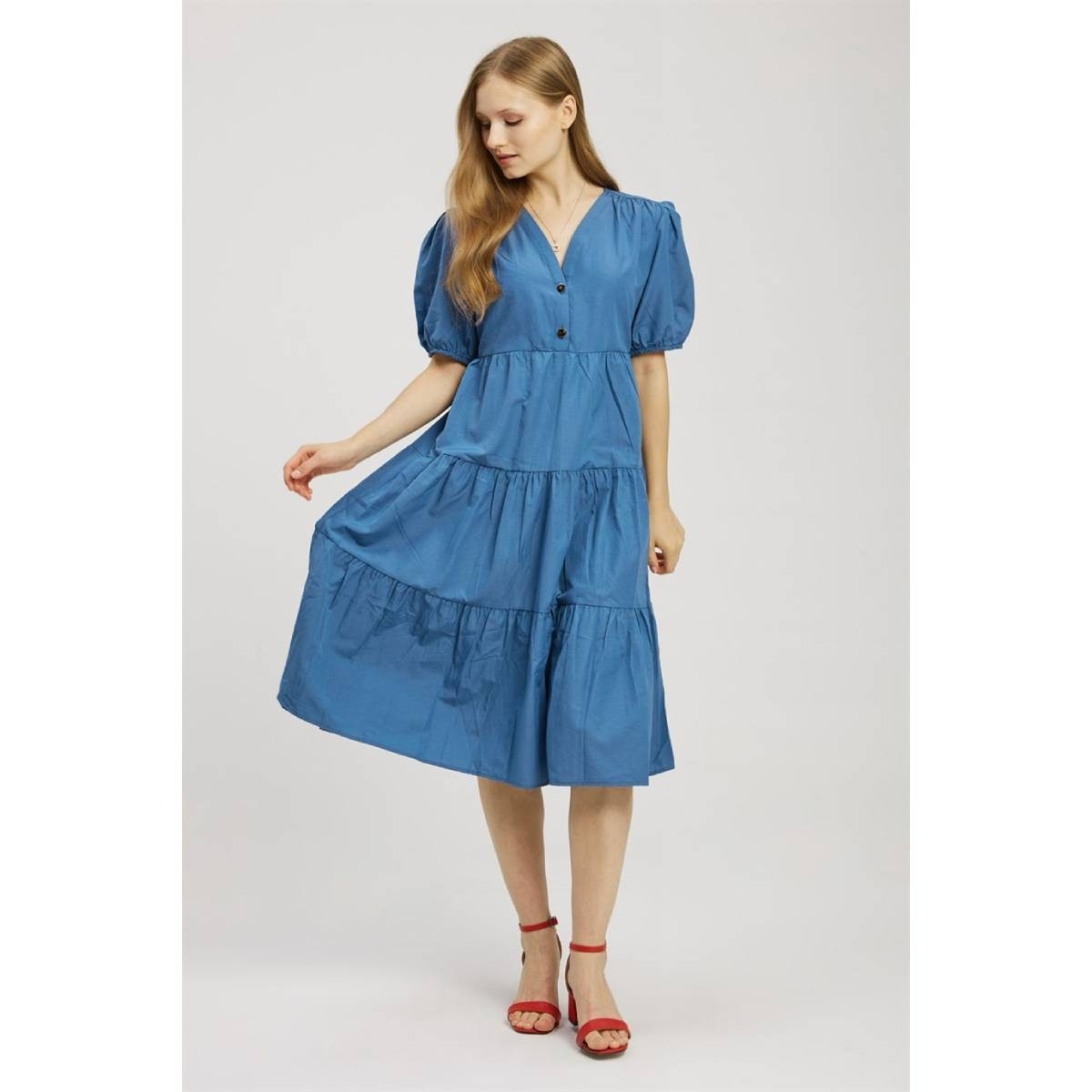 Flo Kadın  Mavi  Kol Ağzı Lastikli Düğme Detaylı Elbise. 1