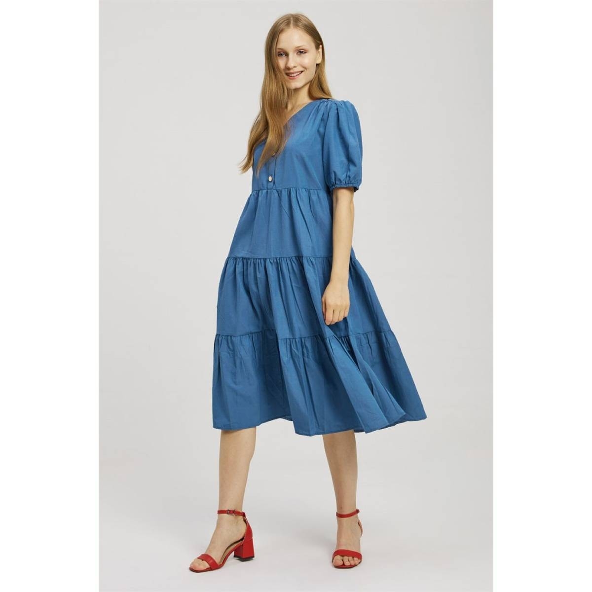 Flo Kadın  Mavi  Kol Ağzı Lastikli Düğme Detaylı Elbise. 2