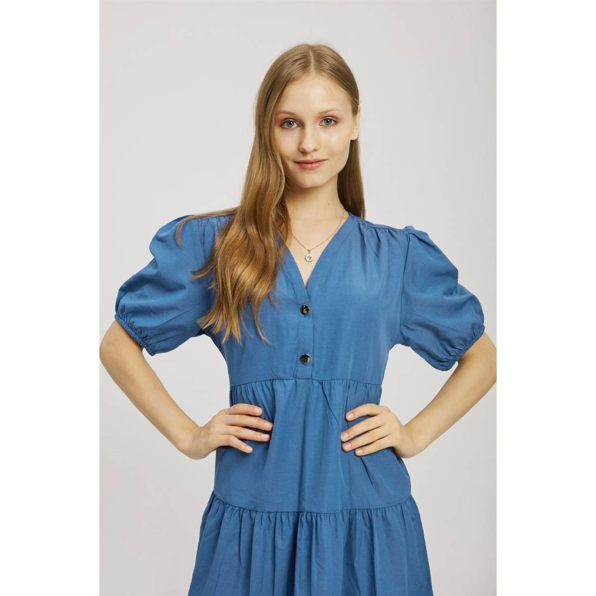 Flo Kadın  Mavi  Kol Ağzı Lastikli Düğme Detaylı Elbise. 3