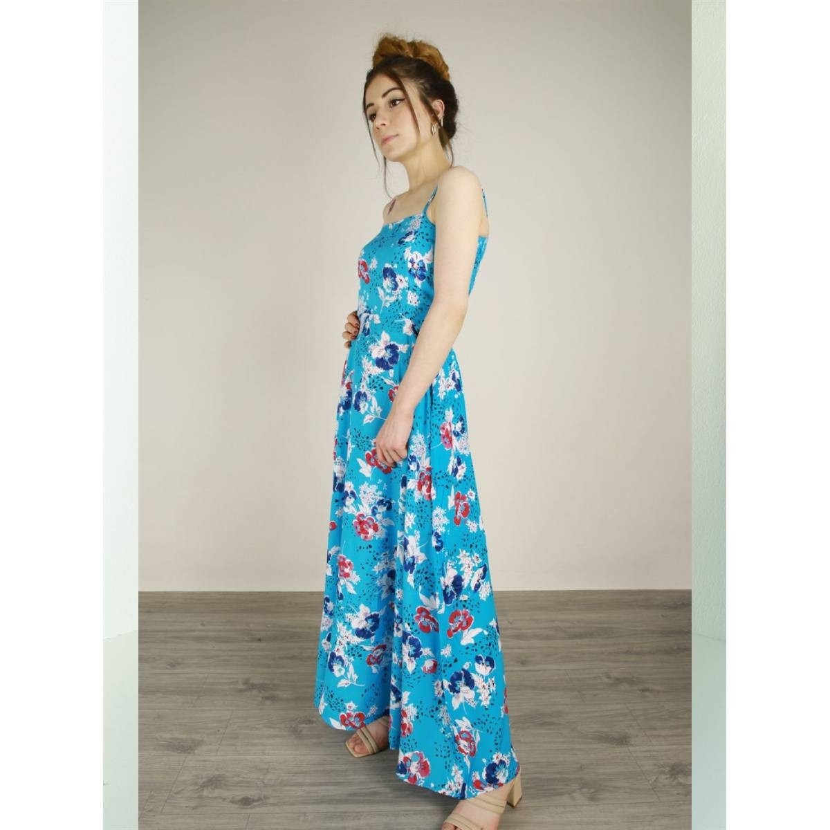 Flo Kadın  Mavi  İp Askılı Cepli Çiçek Desenli Pamuklu Elbise. 2