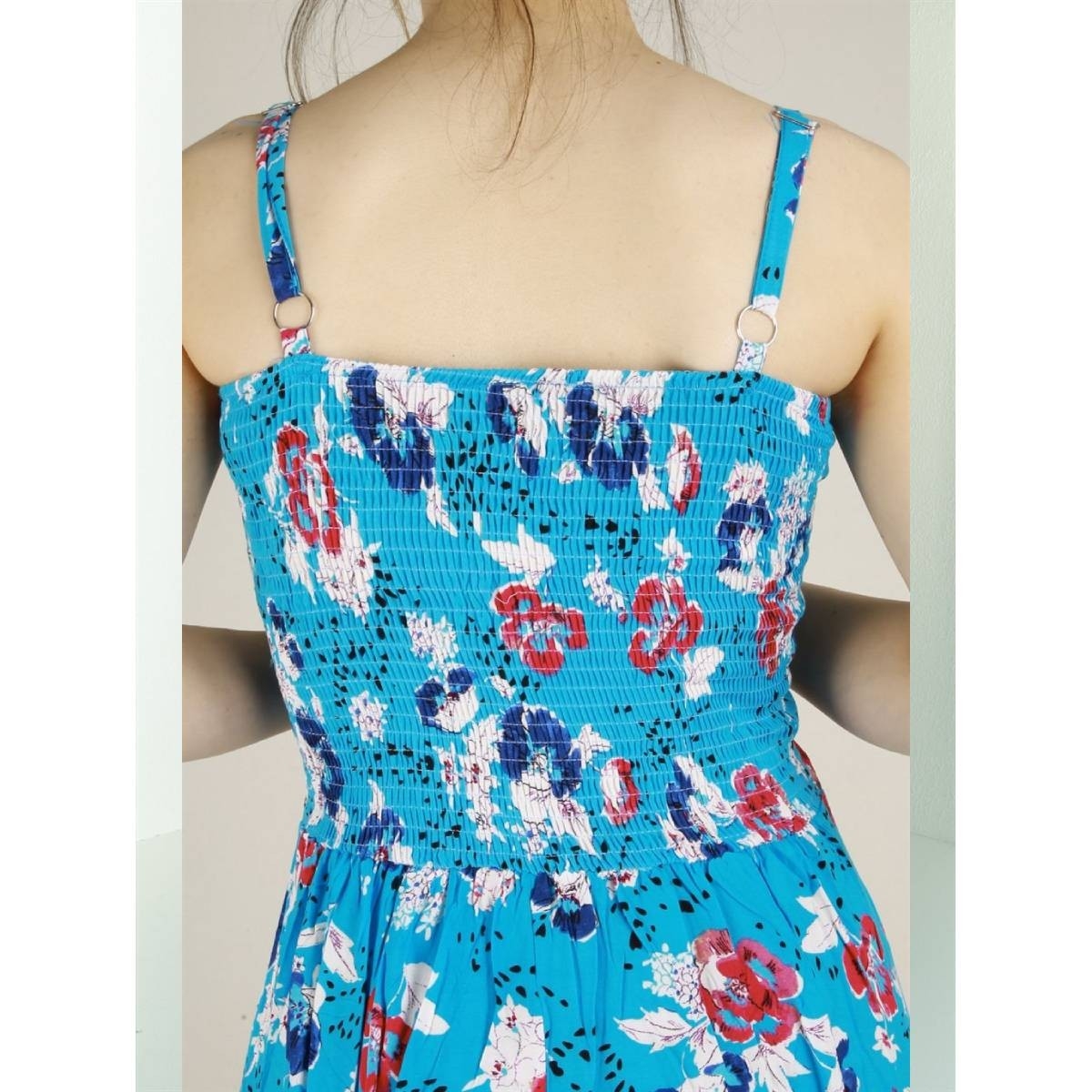 Flo Kadın  Mavi  İp Askılı Cepli Çiçek Desenli Pamuklu Elbise. 3