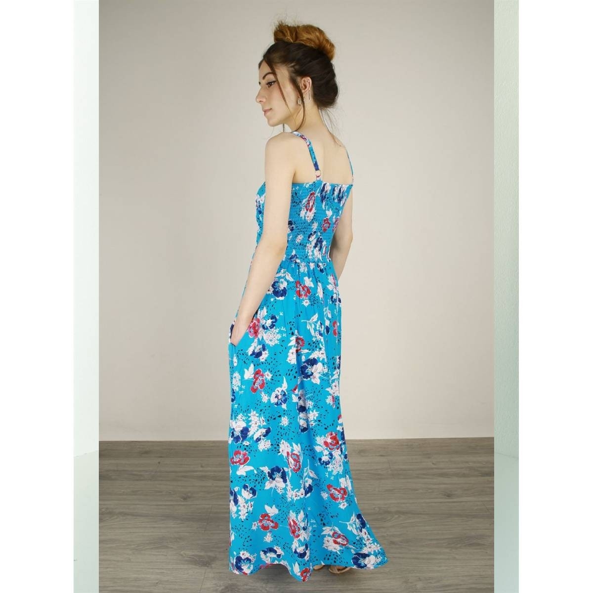 Flo Kadın  Mavi  İp Askılı Cepli Çiçek Desenli Pamuklu Elbise. 4