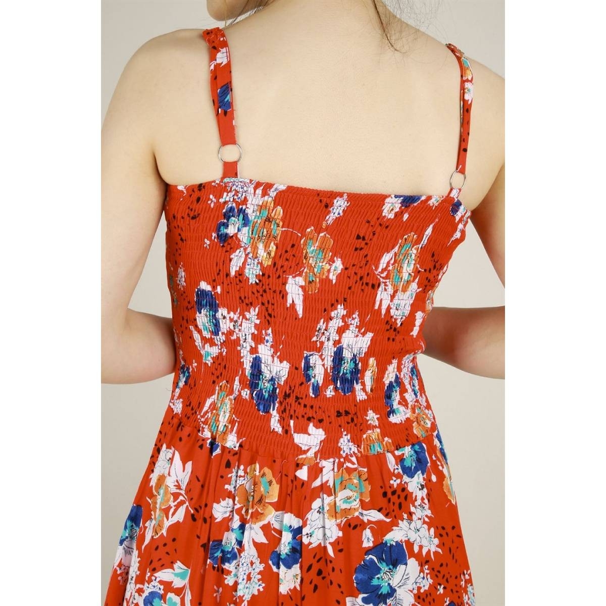 Flo Kadın  Kırmızı  İp Askılı Cepli Çiçek Desenli Pamuklu Elbise. 4