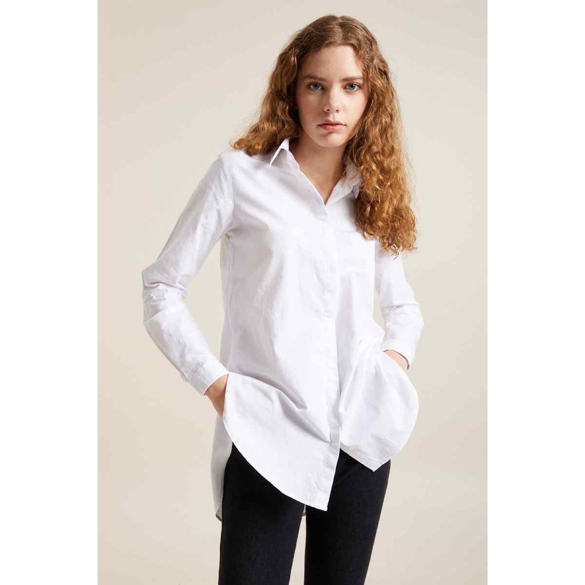 Flo Kadın  Beyaz  Yırtmaçlı Basic Keten Gömlek. 1
