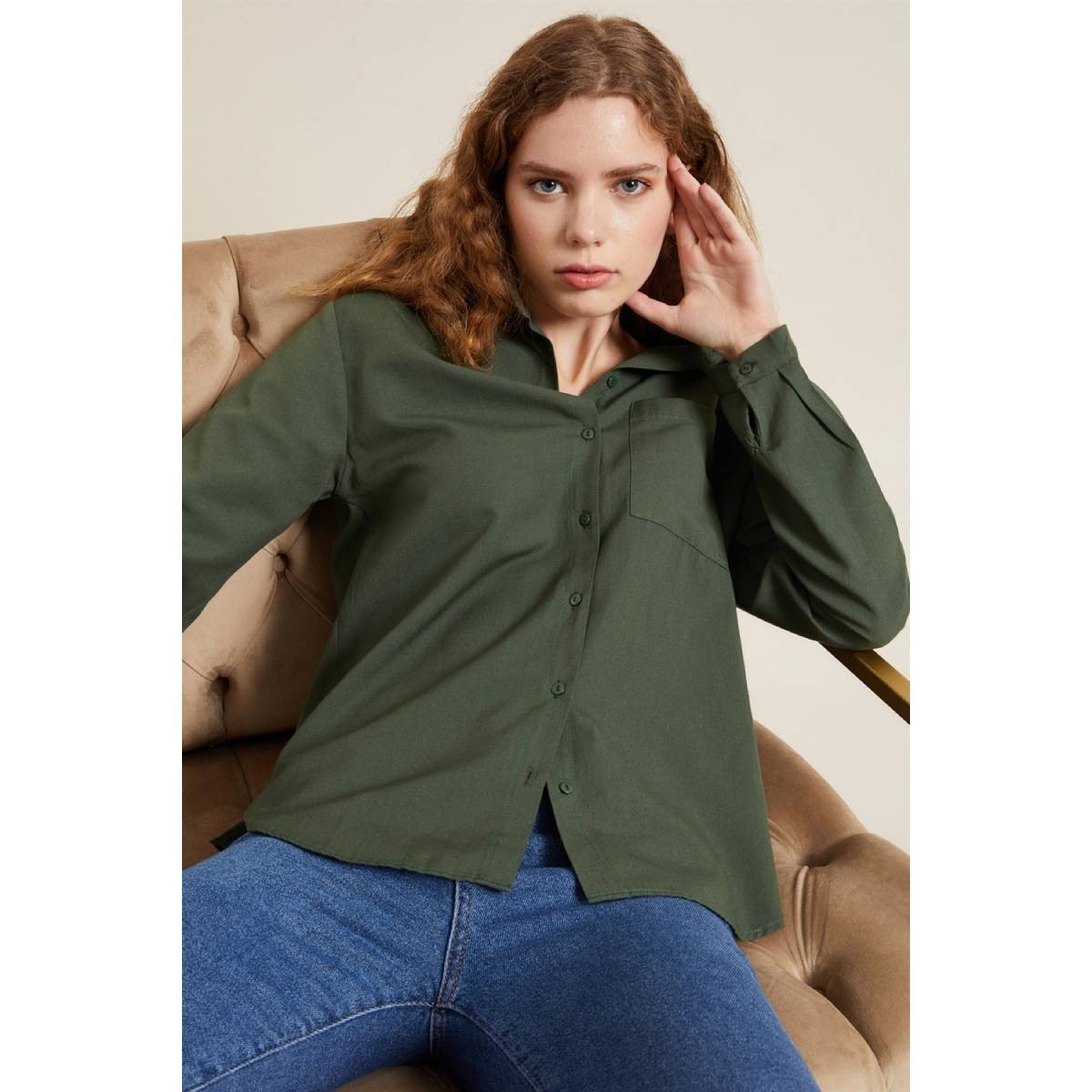 Flo Kadın Yeşil Önü Kısa Arkası Uzun Oversize Gömlek. 2