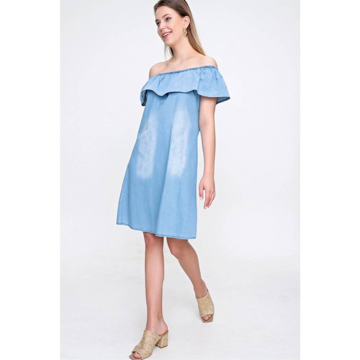 Flo Kadın Açık Mavi Omuz Açık Kısa Elbise. 5