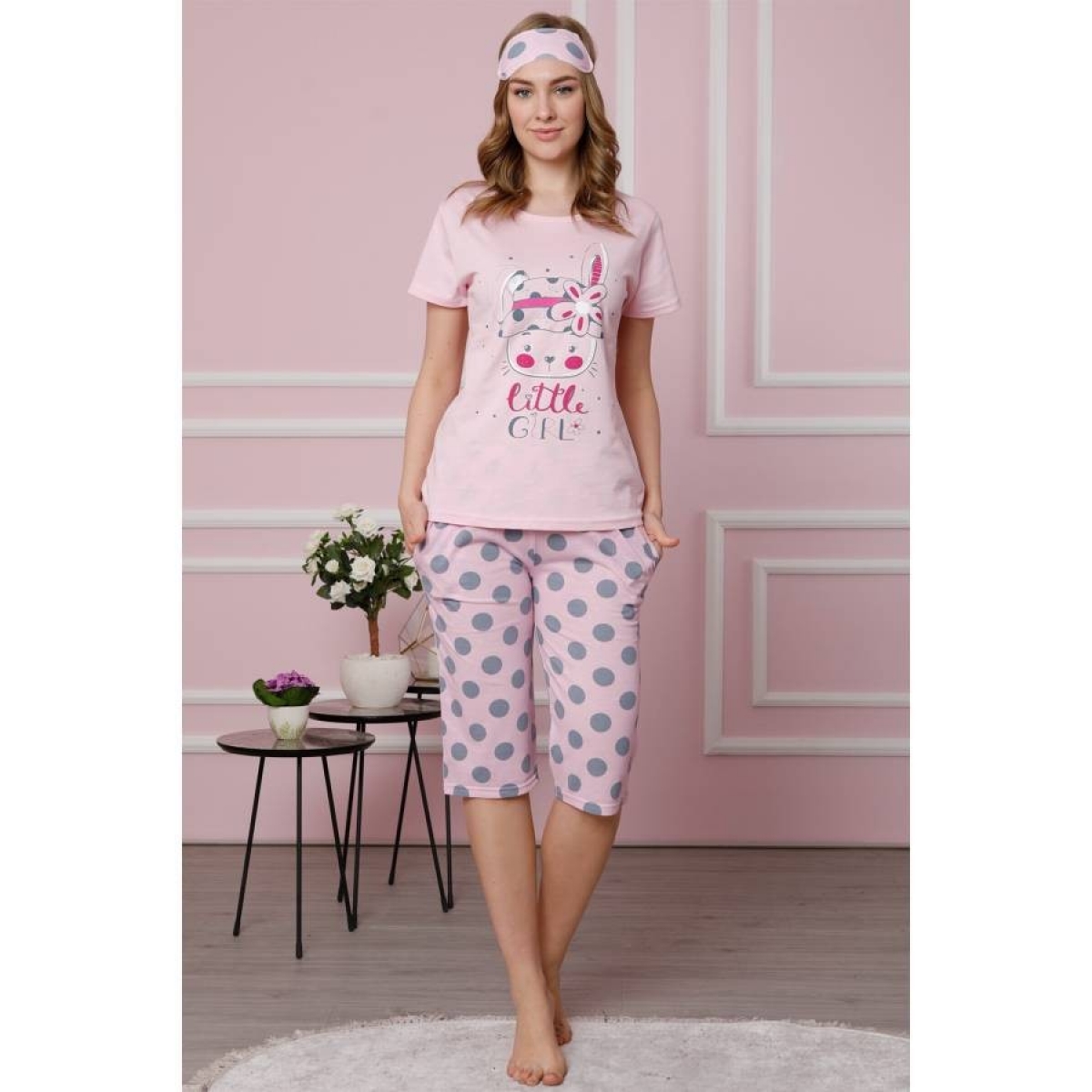 Flo Kadın Pembe Pamuklu Cepli Kapri Pijama Takım 3511. 1