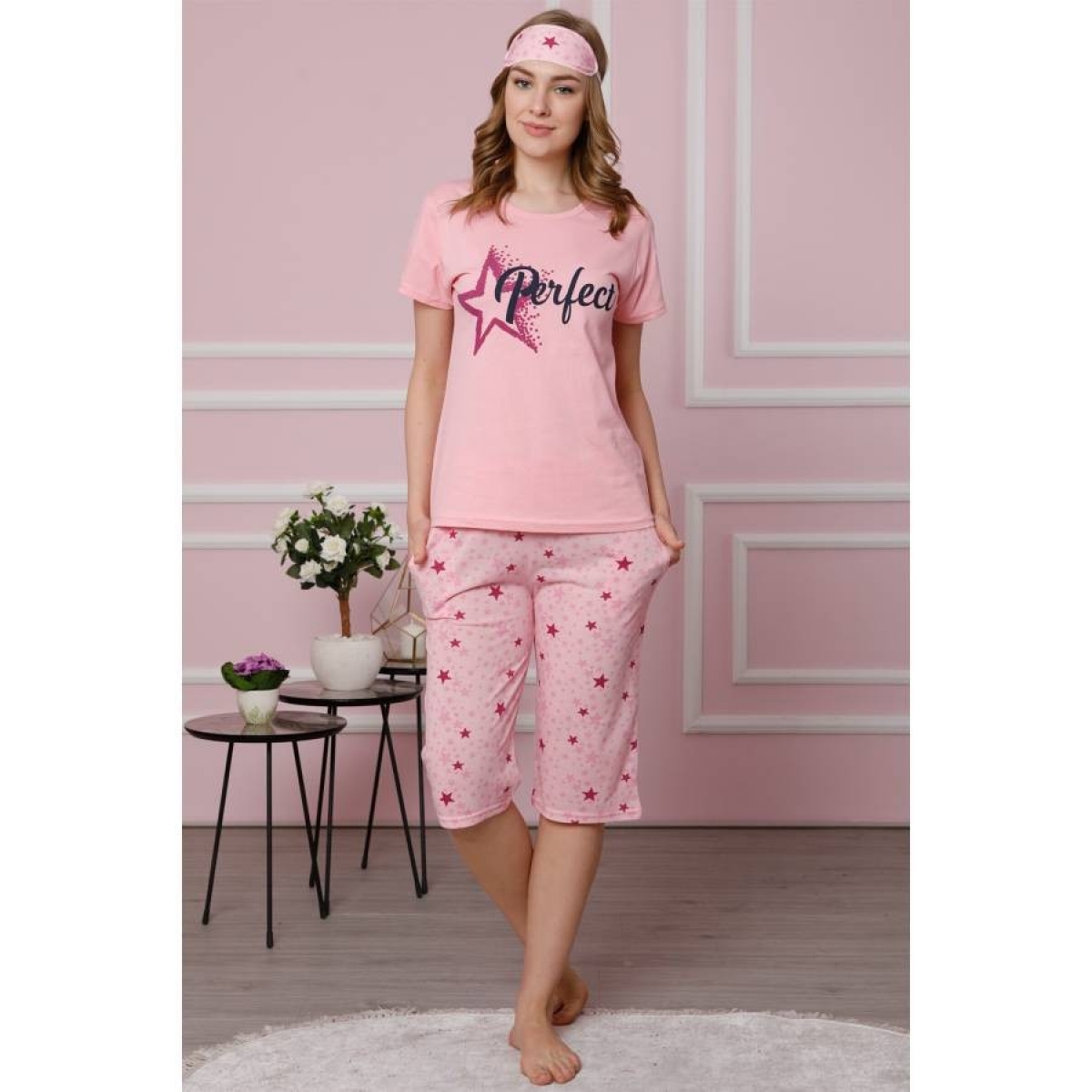 Flo Kadın Pembe Pamuklu Cepli Kapri Pijama Takım 3510. 1