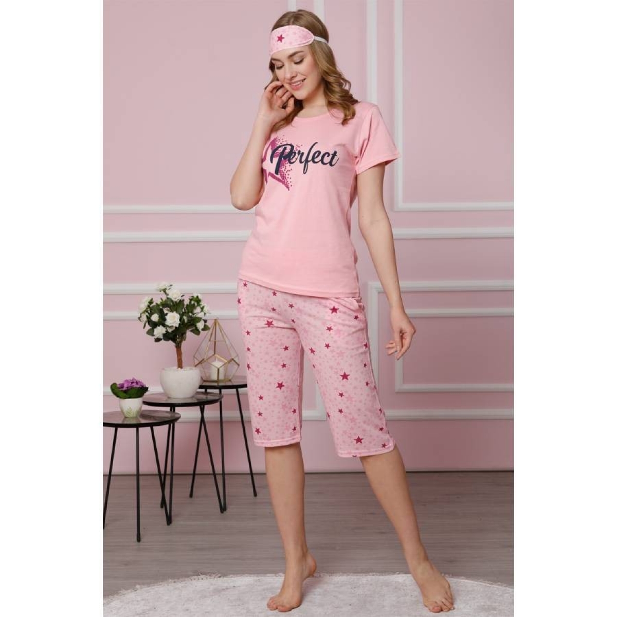 Flo Kadın Pembe Pamuklu Cepli Kapri Pijama Takım 3510. 2