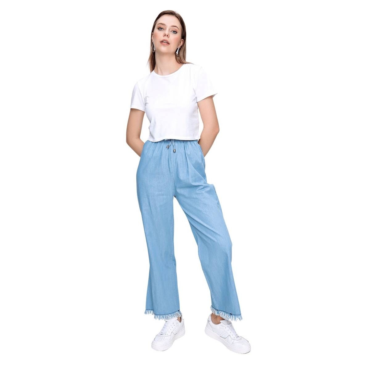 Flo Kadın Açık Mavi Bel Lastik Tencel Pantolon. 1