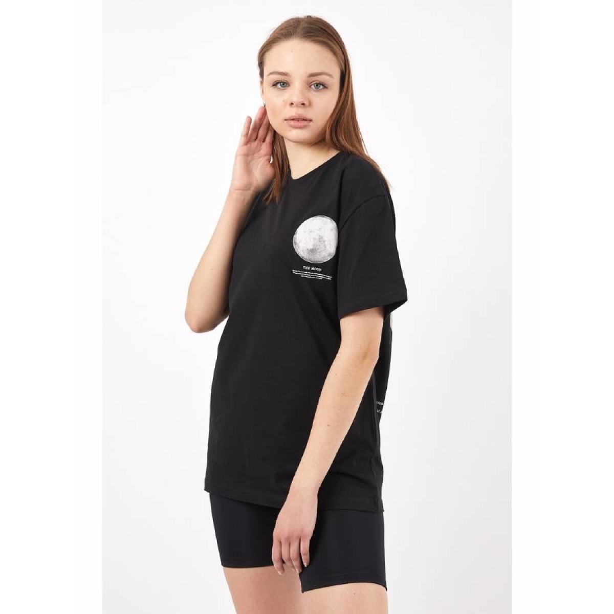 Flo Kadın Sıfır Yaka Basic Ay Baskılı Oversize T-Shirt. 4