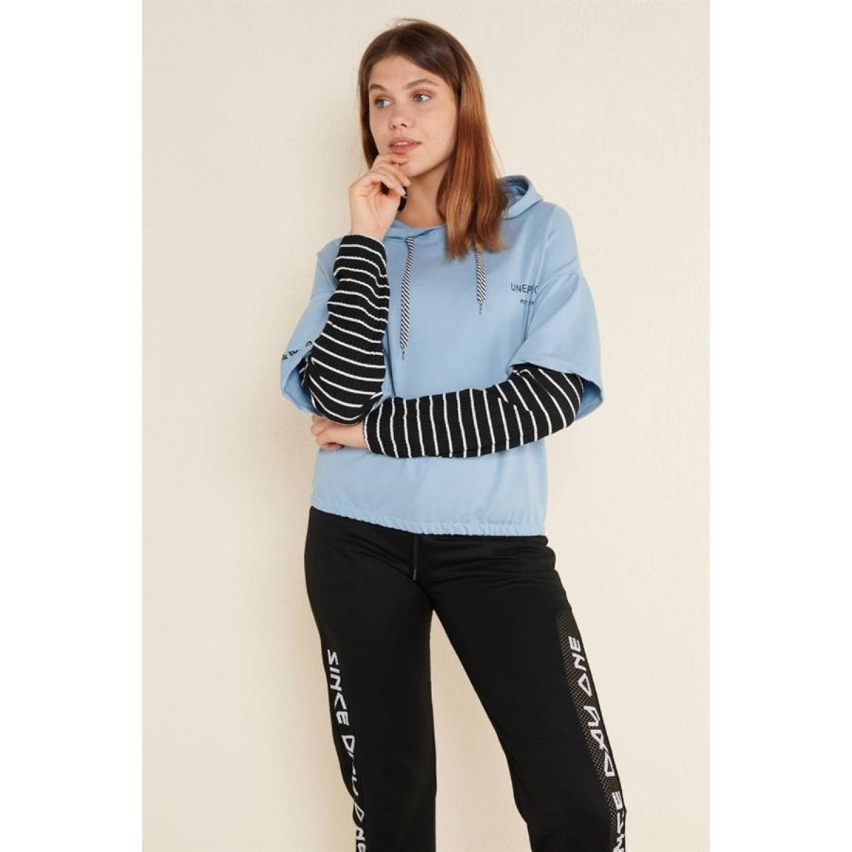 Z Giyim Kadin Bebe Mavisi Ikili Kol Etegi Lastikli Kapsonlu Sweat Flo