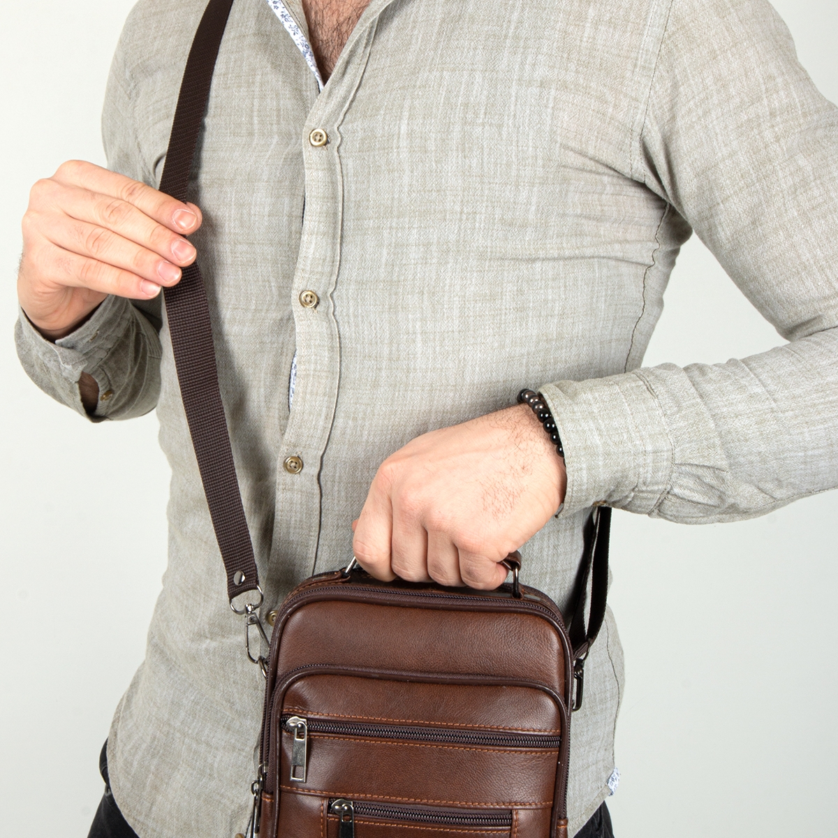Flo byHAKAN nw-3009 orta boy hakiki deri kasalı erkek el ve omuz çantası TABA. 2