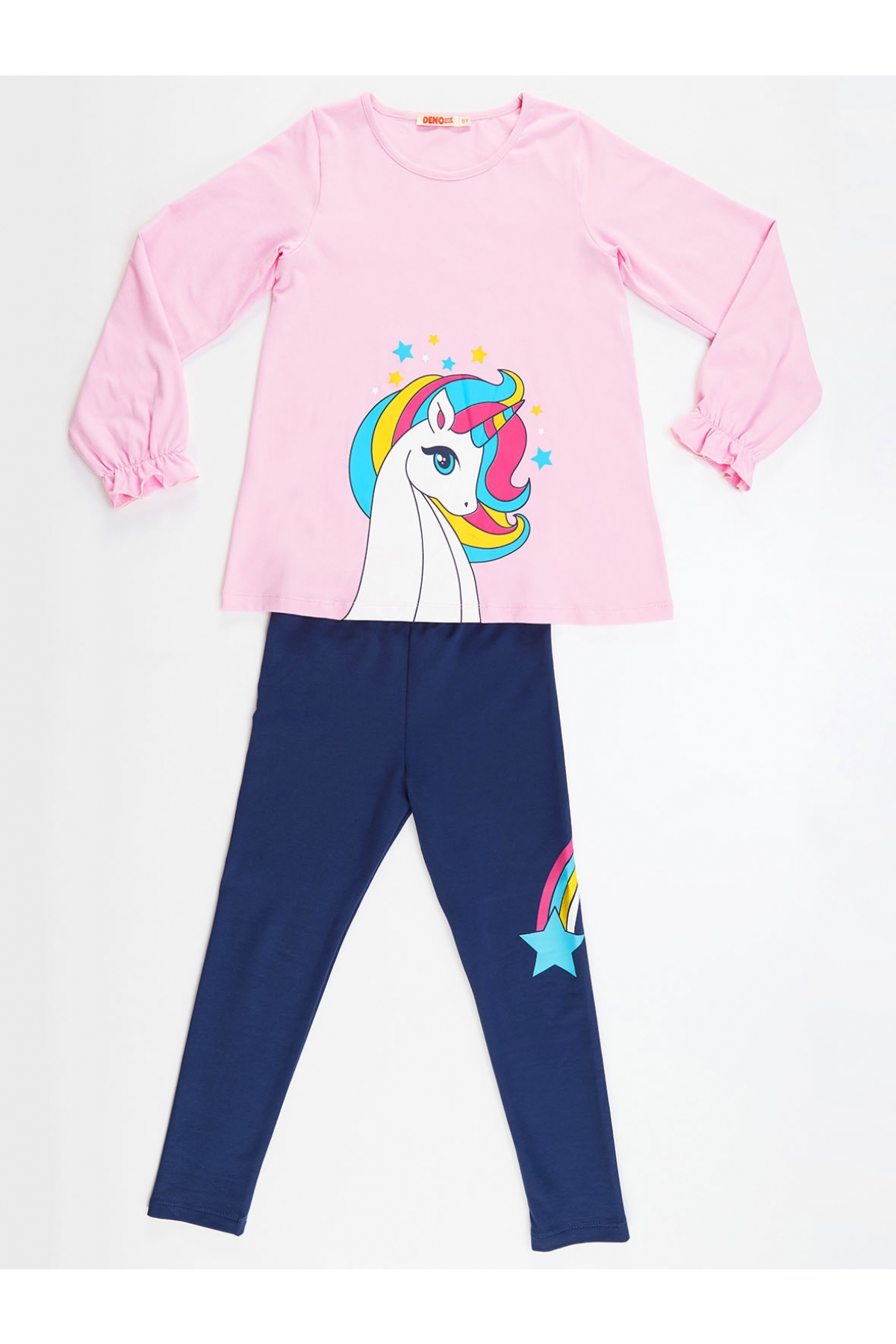 Denokids Rainbow Star Unicorn Kız Çocuk Pembe T-shirt Lacivert Tayt Takım  200262063