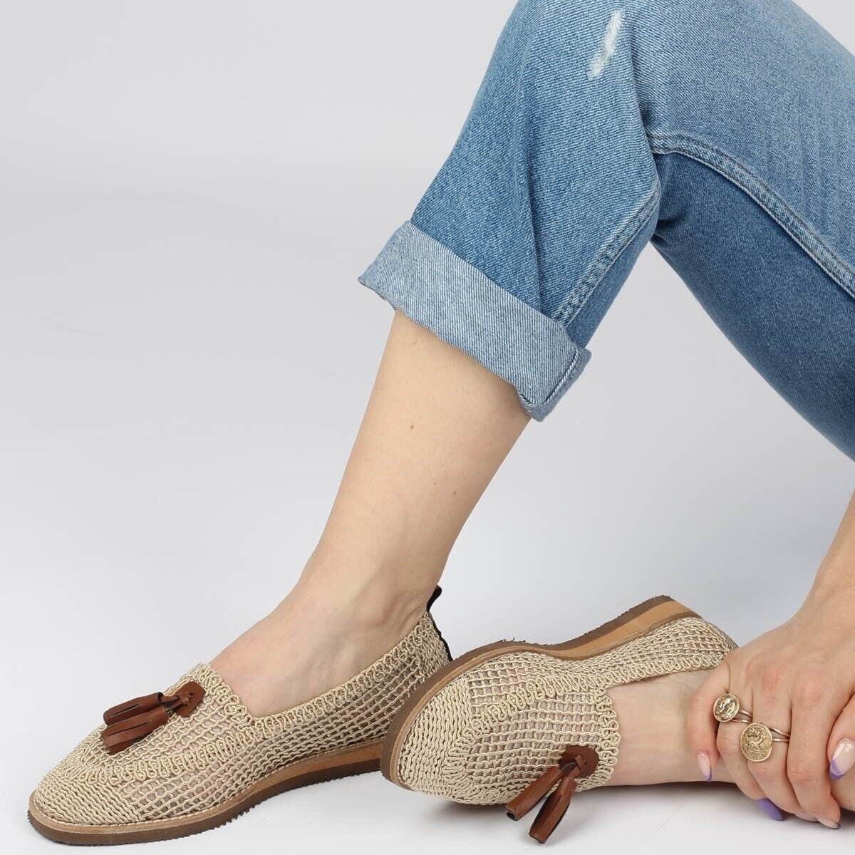 Flo - Bilekten Bantlı Kalın Topuklu Hasır Ayakkabı -ZN