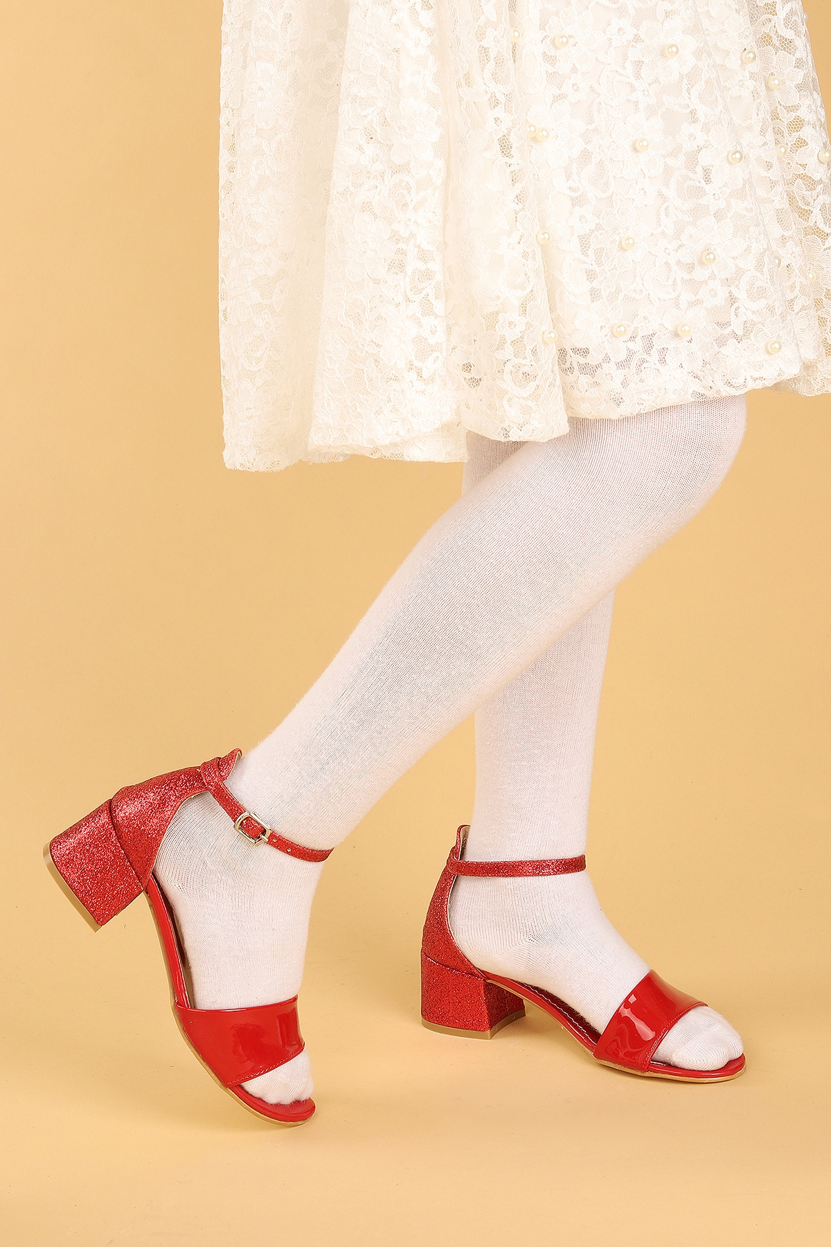 Kiko Kids Sheila Günlük Kız Çocuk 3 Cm Topuklu Sandalet Abiye Ayakkabı Kırmızı - Görsel 4