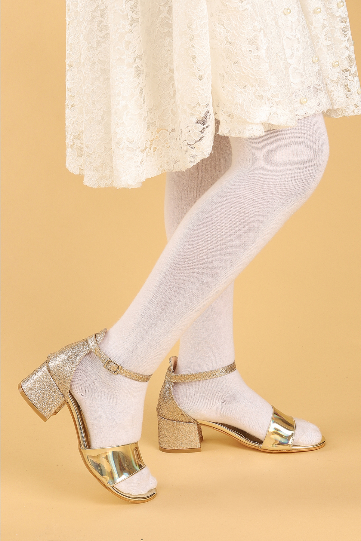 Sheila Günlük Kız Çocuk 3 Cm Topuklu Sandalet Abiye Ayakkabı Altın - Görsel 4