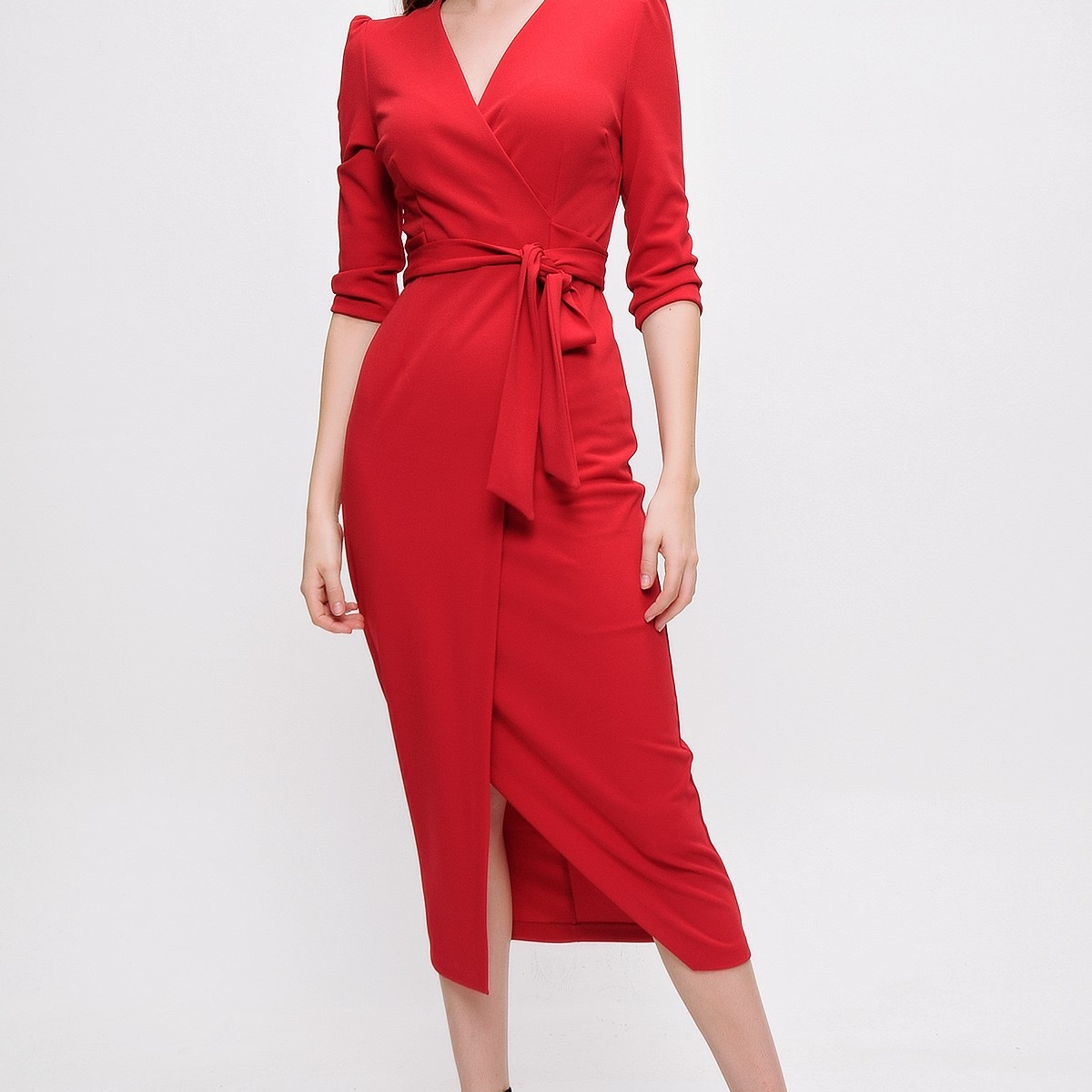 Flo Kadın Kırmızı Kruvaze Yaka Elbise. 2