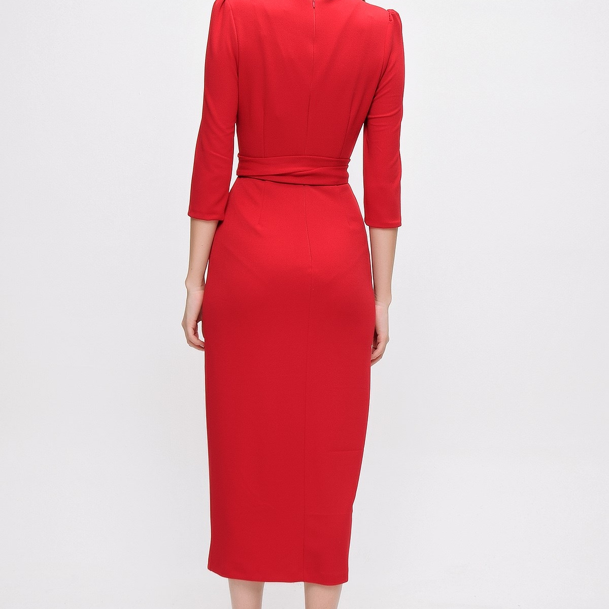 Flo Kadın Kırmızı Kruvaze Yaka Elbise. 6