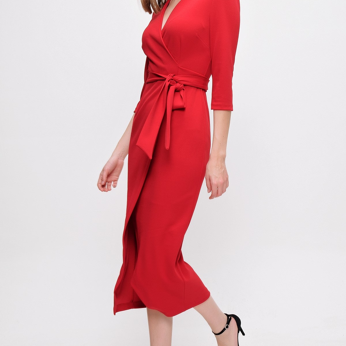 Flo Kadın Kırmızı Kruvaze Yaka Elbise. 7
