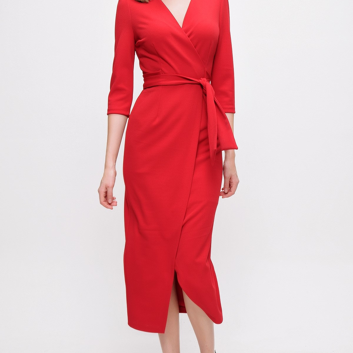 Flo Kadın Kırmızı Kruvaze Yaka Elbise. 4