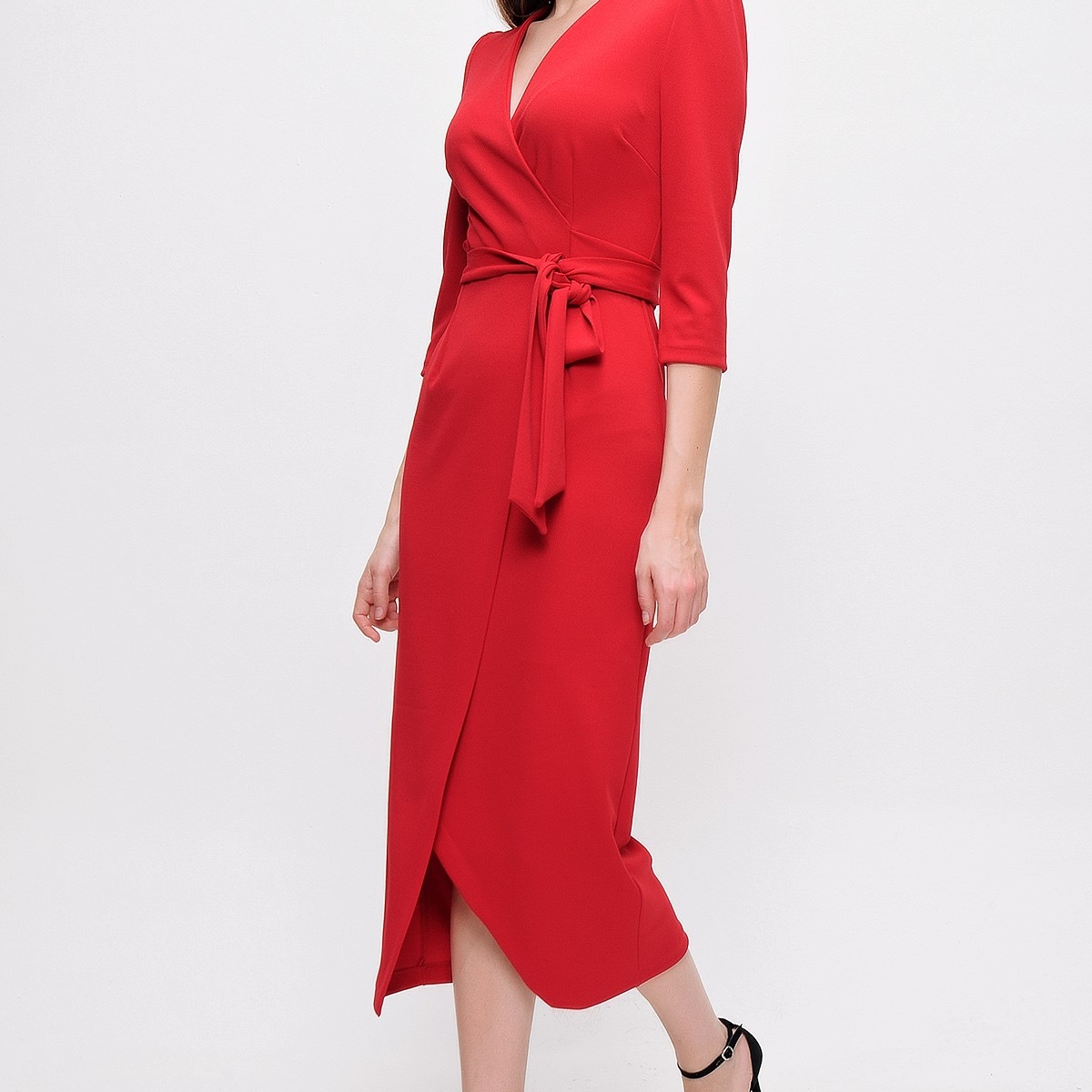 Flo Kadın Kırmızı Kruvaze Yaka Elbise. 5