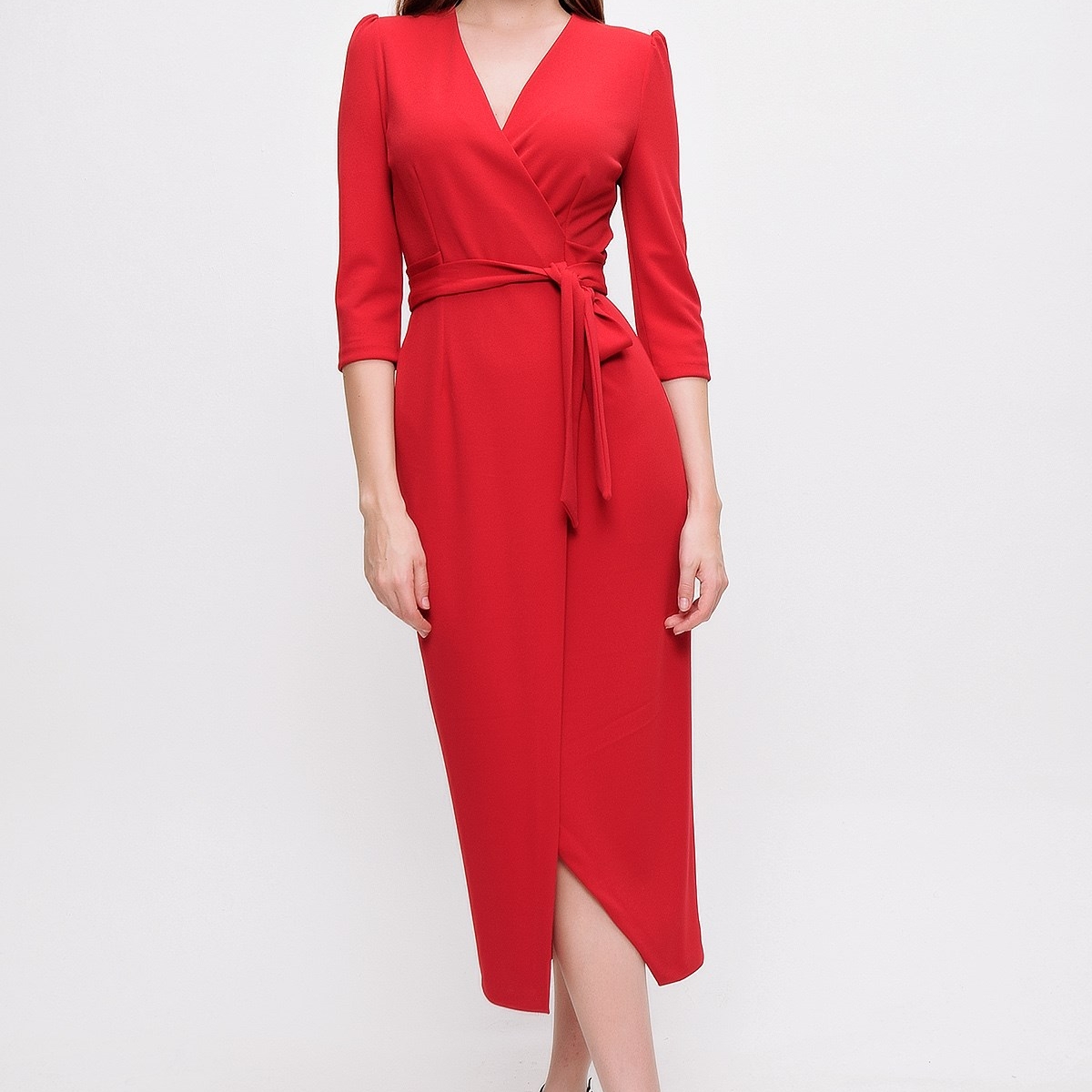 Flo Kadın Kırmızı Kruvaze Yaka Elbise. 1