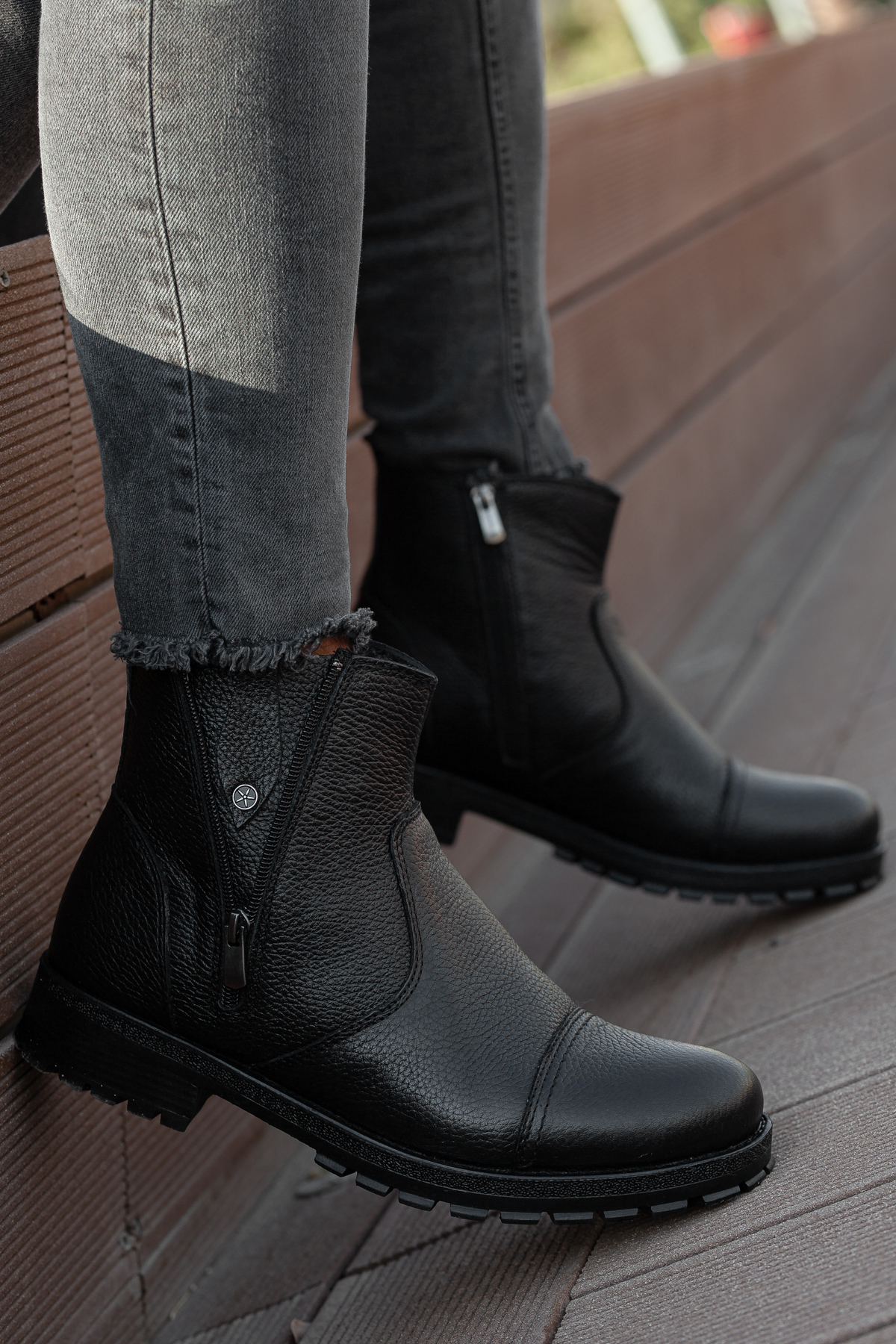 D0400 %100 Hakiki Deri Erkek Taban Dahil Komple Kürklü Bot_Siyah - Görsel 3