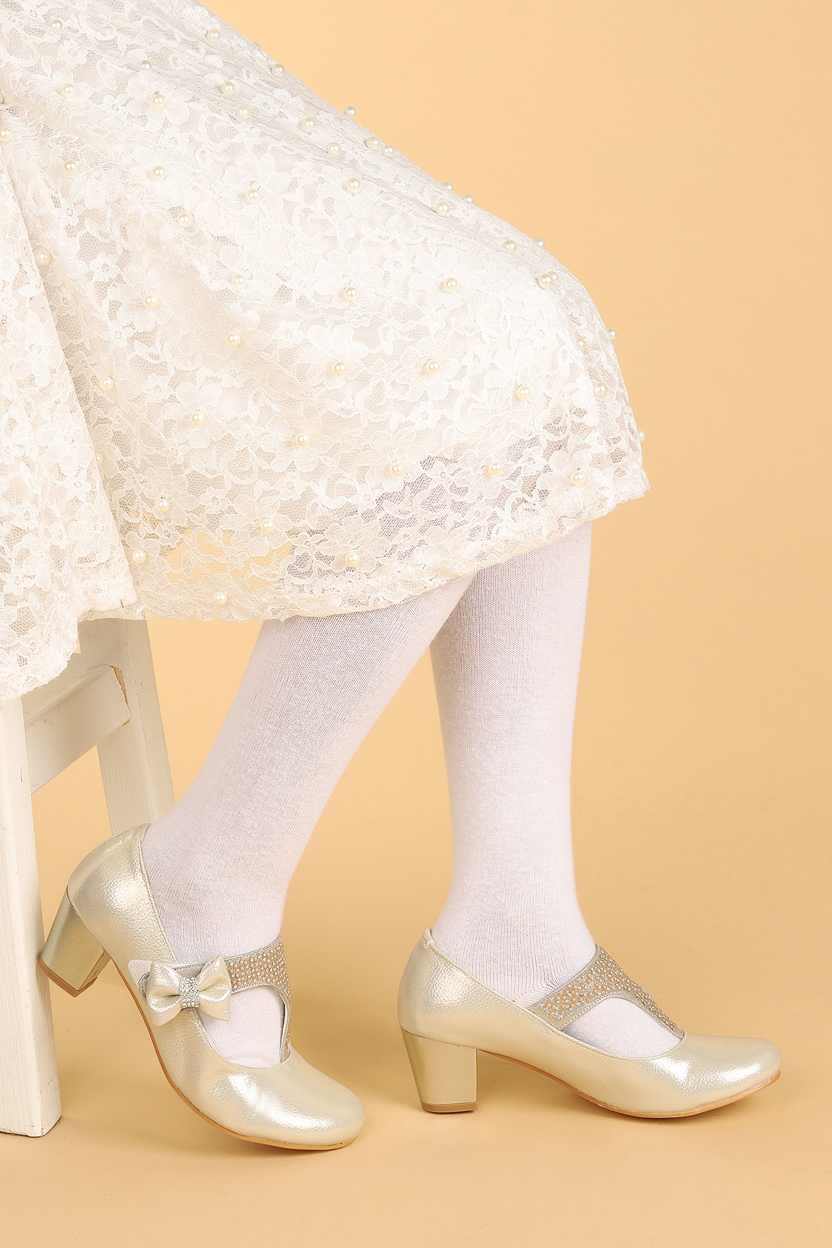 Cherish Günlük Kız Çocuk 4 Cm Topuklu Abiye Ayakkabı Altın - Görsel 3