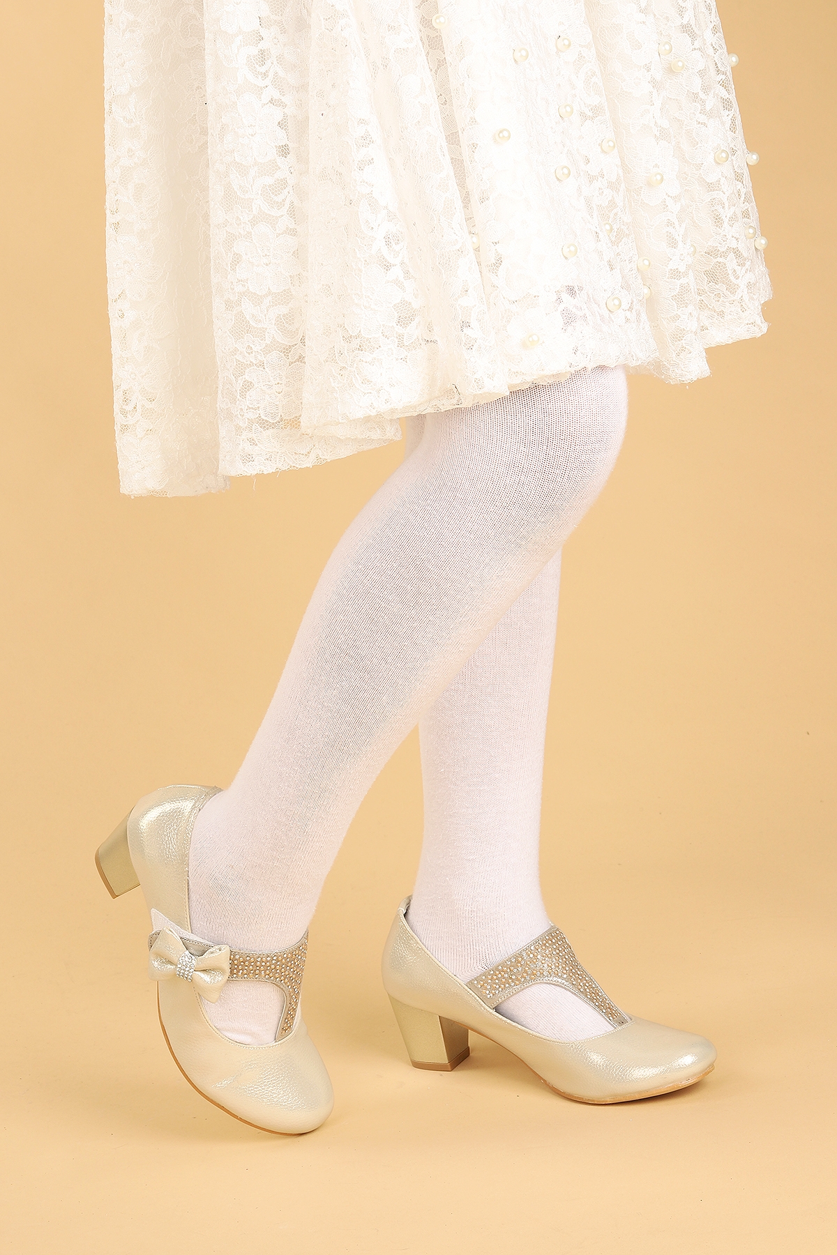 Cherish Günlük Kız Çocuk 4 Cm Topuklu Abiye Ayakkabı Altın - Görsel 4