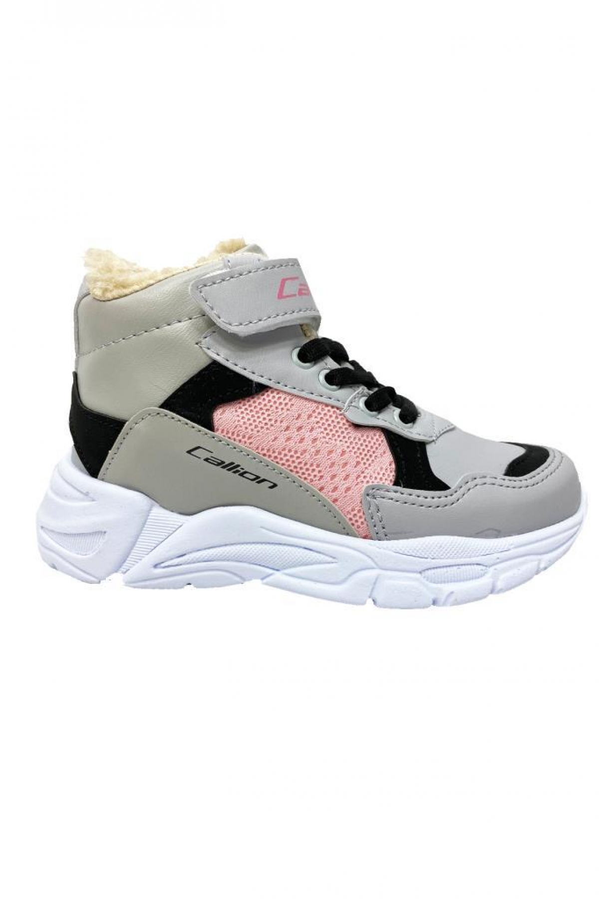053 Deri Kürklü Patik Çocuk Spor Ayakkabı Buz Siyah Pembe - Görsel 3