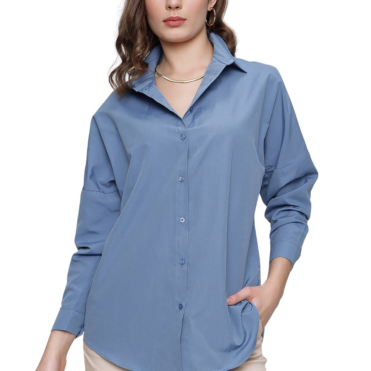 Flo Kadın Mavi Geniş Yaka Düz Gömlek. 1