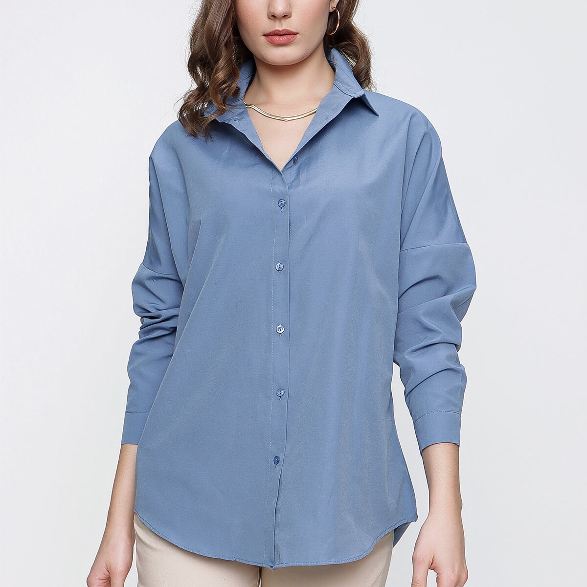 Flo Kadın Mavi Geniş Yaka Düz Gömlek. 4