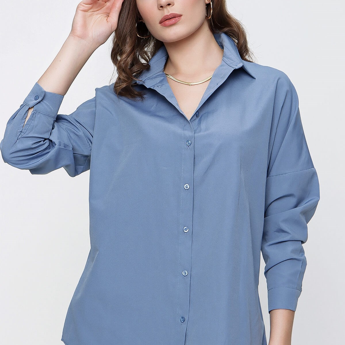 Flo Kadın Mavi Geniş Yaka Düz Gömlek. 6