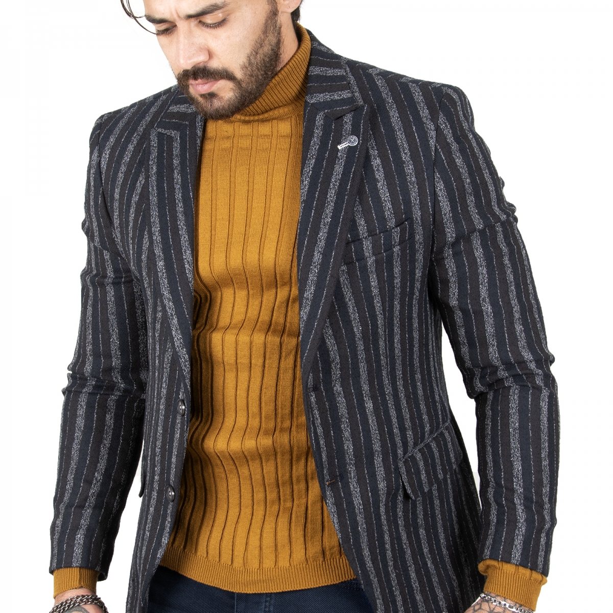 DeepSEA Erkek Lacivert  Çift Düğme Çift Yırtmaçlı Çizgili Slim Fit Blazer Ceket 2210441