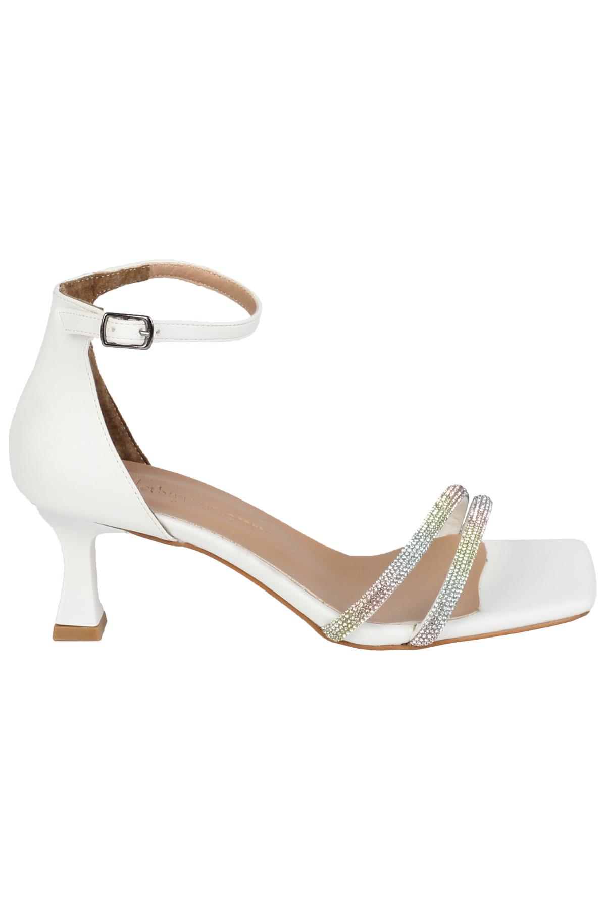 Beyaz Taşlı Çift Bant Topuklu Abiye Ayakkabı - Lovely - Görsel 3