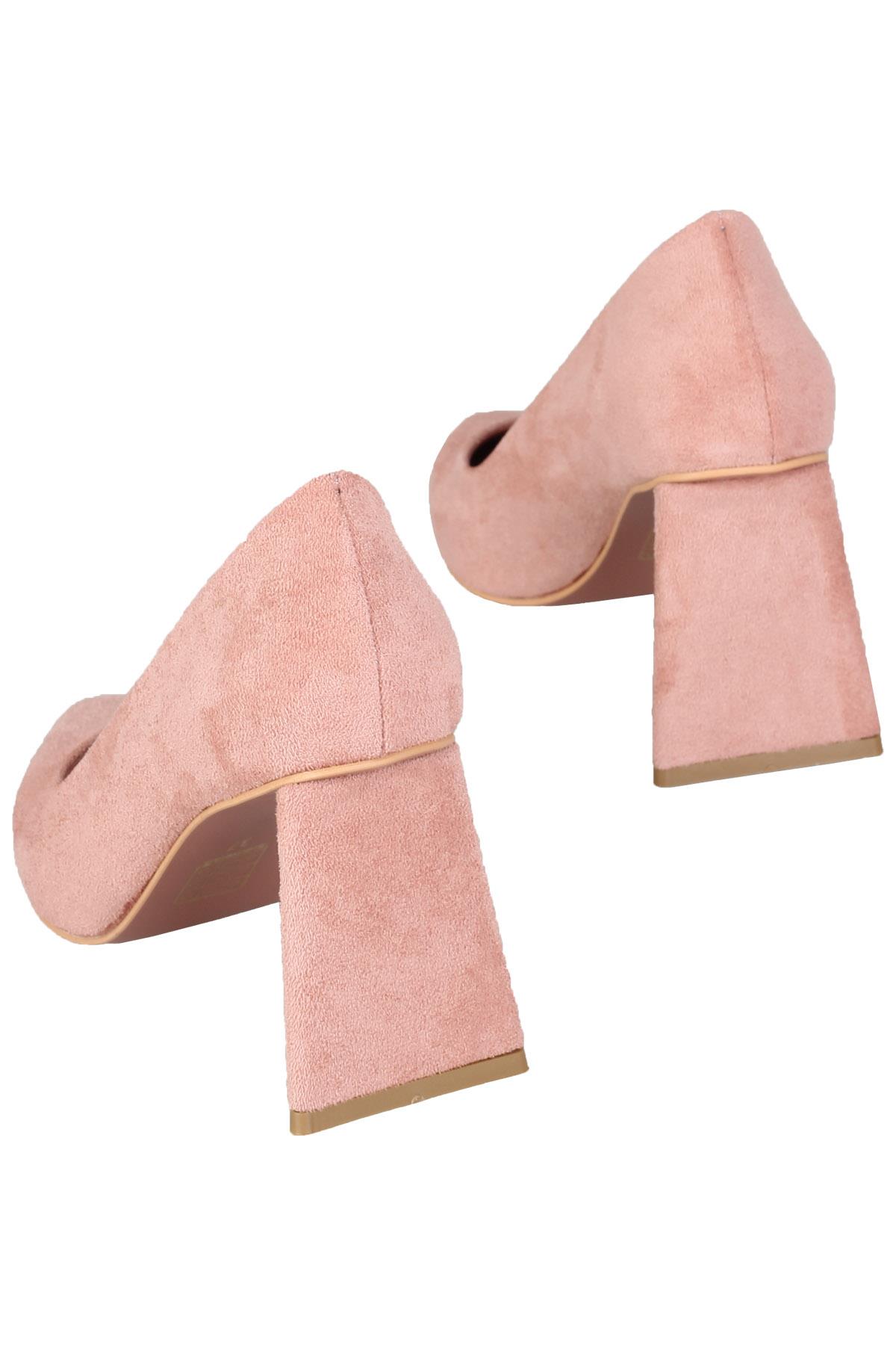 Pudra Süet Stiletto Üçgen Kalın Topuklu Ayakkabı - İkon - Görsel 4