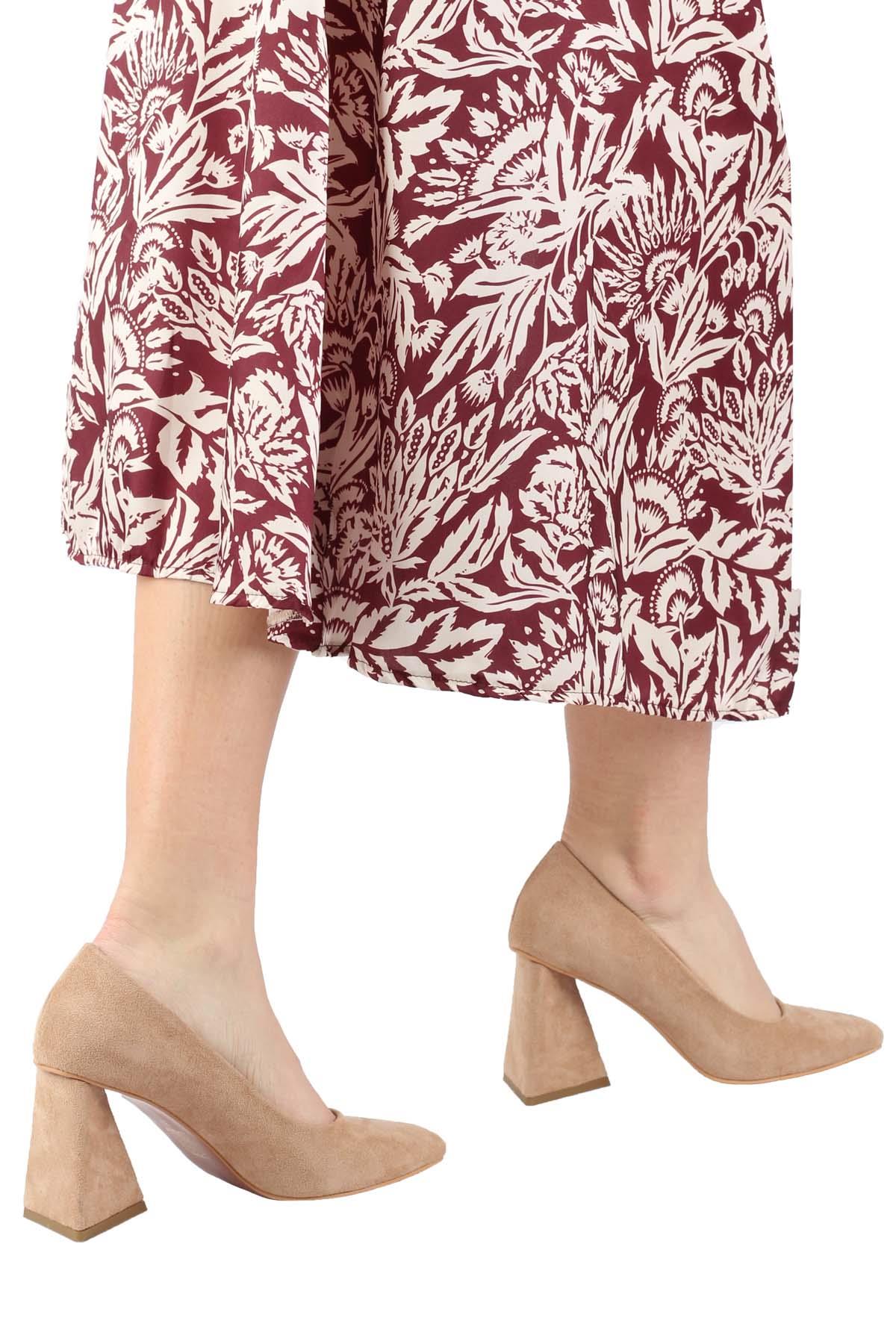 Ten Süet Stiletto Üçgen Kalın Topuklu Ayakkabı - İkon - Görsel 4