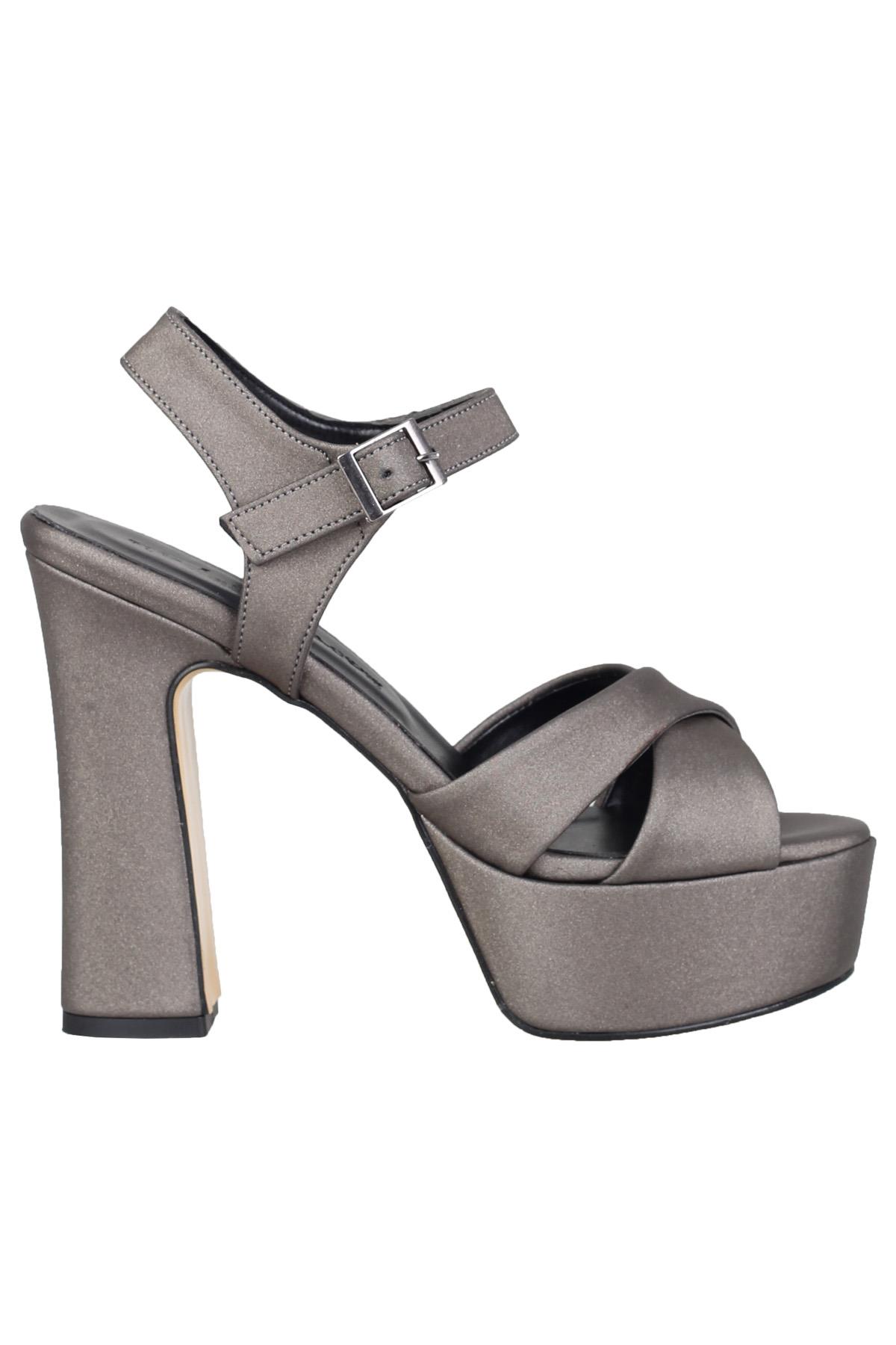 Platin Gri Saten Kalın Platform Topuklu Yüksek Ayakkabı - Margarita - Görsel 3