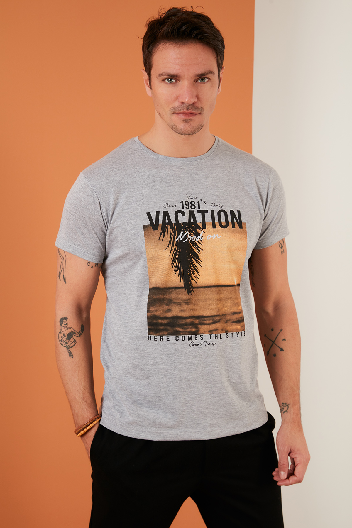 Erkek T Shirt 541VACATION GRİ MELANJ