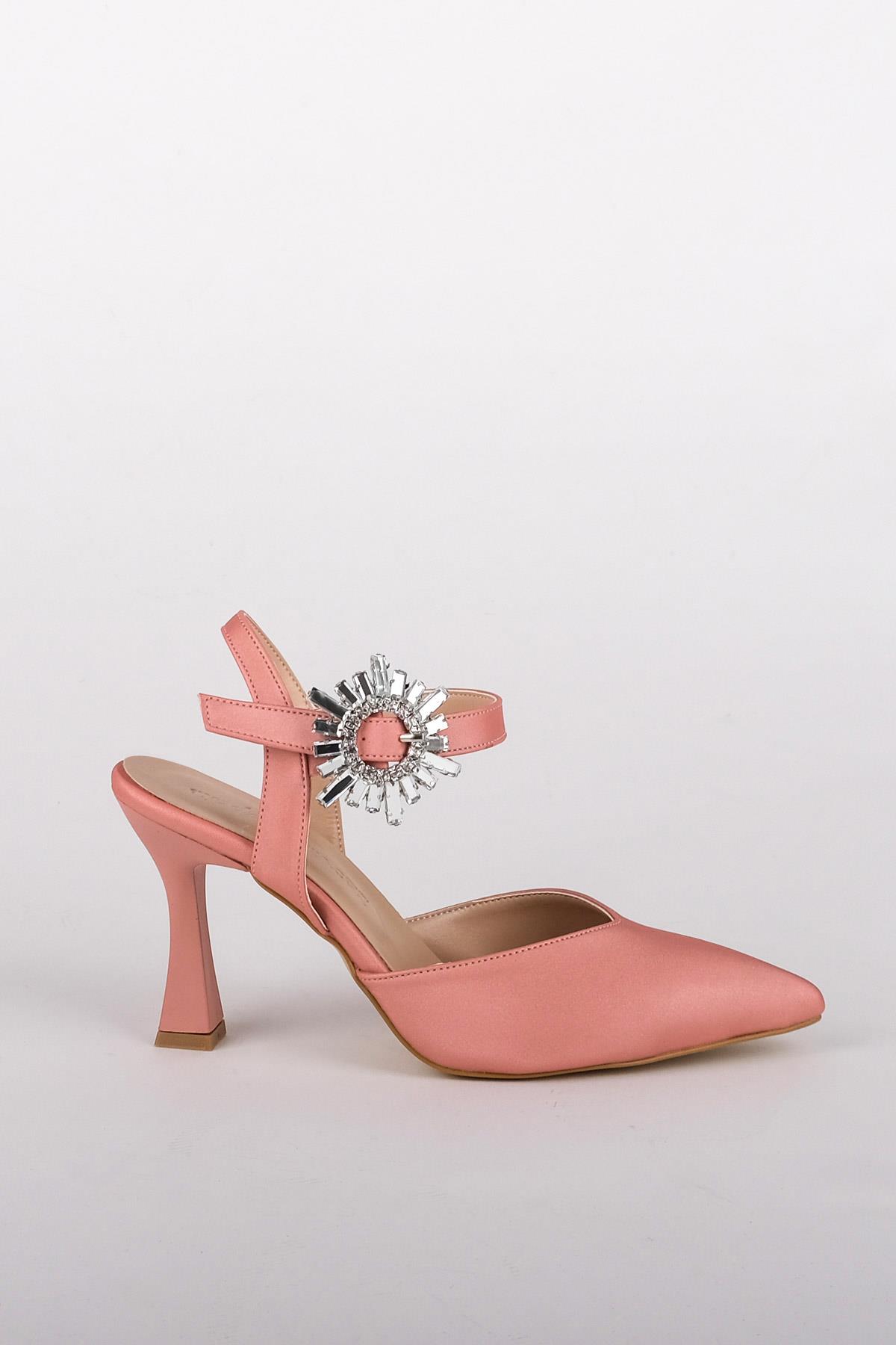 Pudra Saten Kadeh Topuklu Stiletto Taşlı Abiye Ayakkabı - Shinysun - Görsel 5