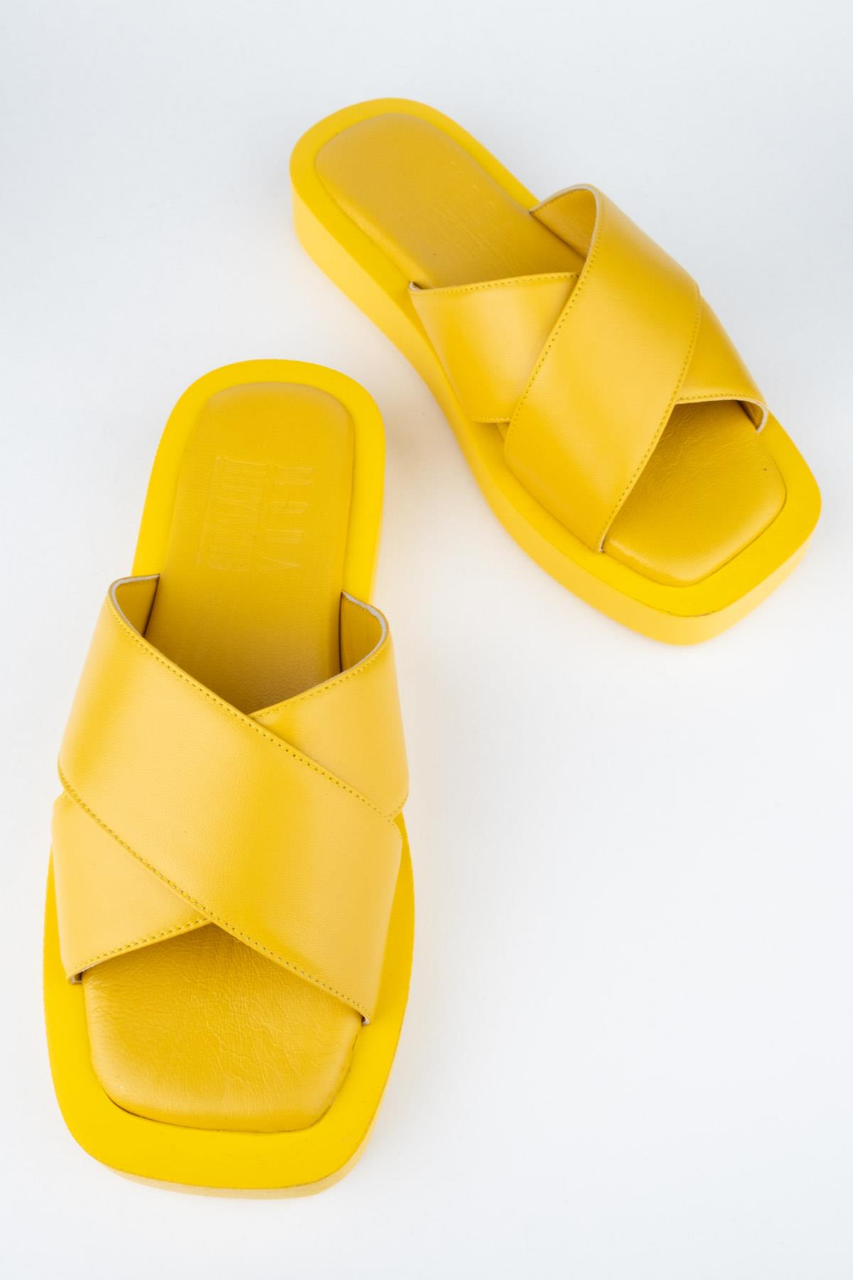 Sarı Hakiki Deri Anatomik Günlük Terlik - Vulap - Görsel 4