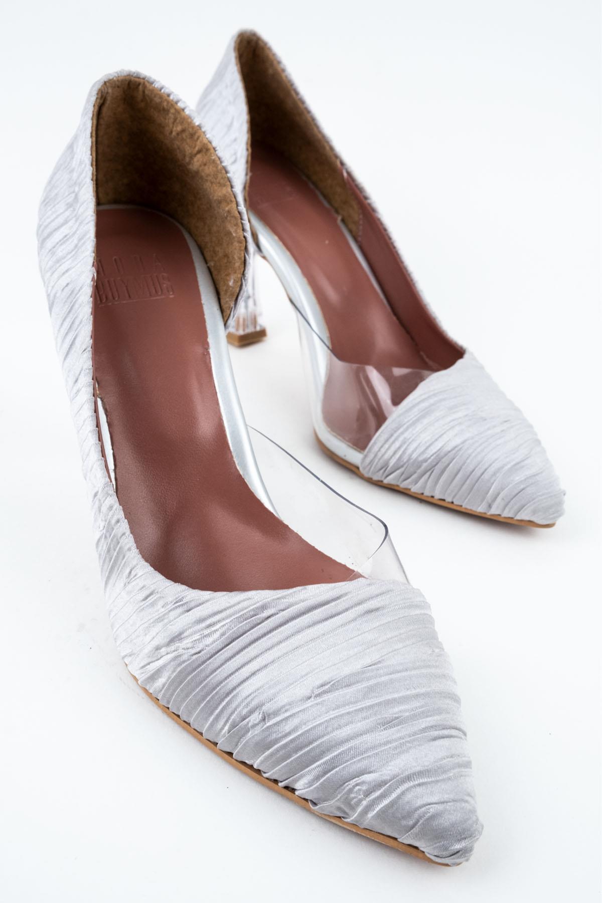 Gri Saten Pileli Stiletto Şeffaf Kadeh Topuklu Ayakkabı - Solus - Görsel 5