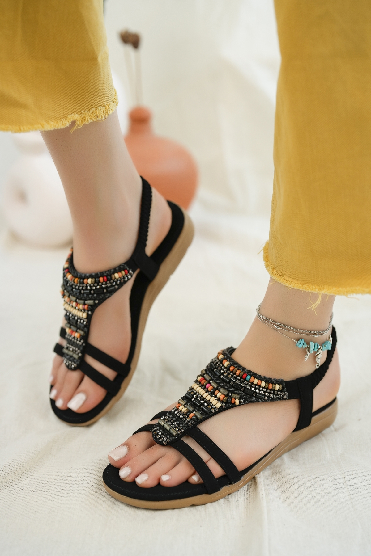 Rosa Anatomik Fashion Taşlı Günlük Kadın Sandalet - Görsel 4