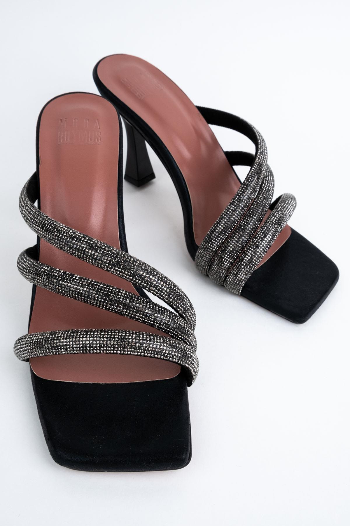 Flap Siyah Kadeh Topuklu Taşlı Abiye Terlik - Görsel 5