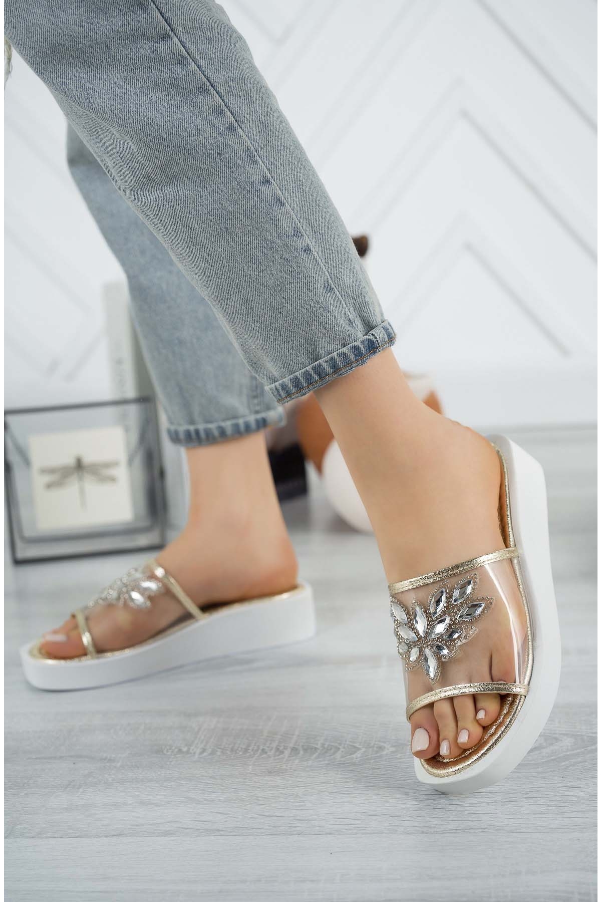 Kadın Garantili Taşlı Ortopedik Terlik Ppl.5050 Gold - Görsel 5